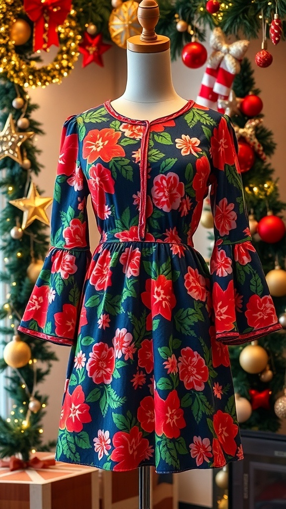 A 1970s-inspired Christmas dress with floral patterns and flared sleeves on a mannequin, surrounded by holiday decorations.